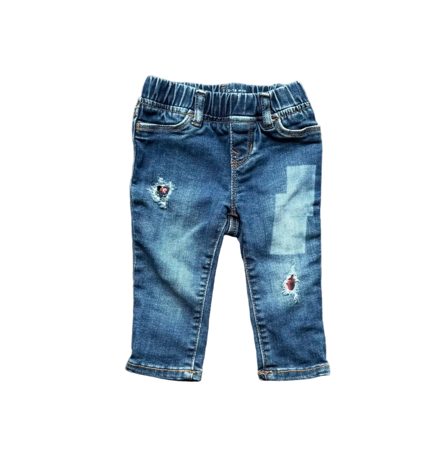 Jean bébé bleu 12-18 mois, ceinture élastique, poches et patchs décoratifs