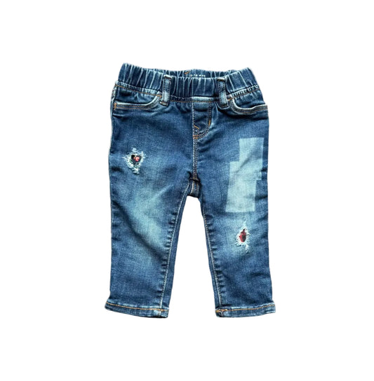Jean bébé bleu 12-18 mois, ceinture élastique, poches et patchs décoratifs