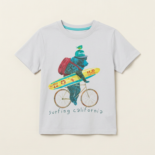 T-shirt bébé Minoti gris clair, imprimé surfeur sur vélo et texte «surfing california»