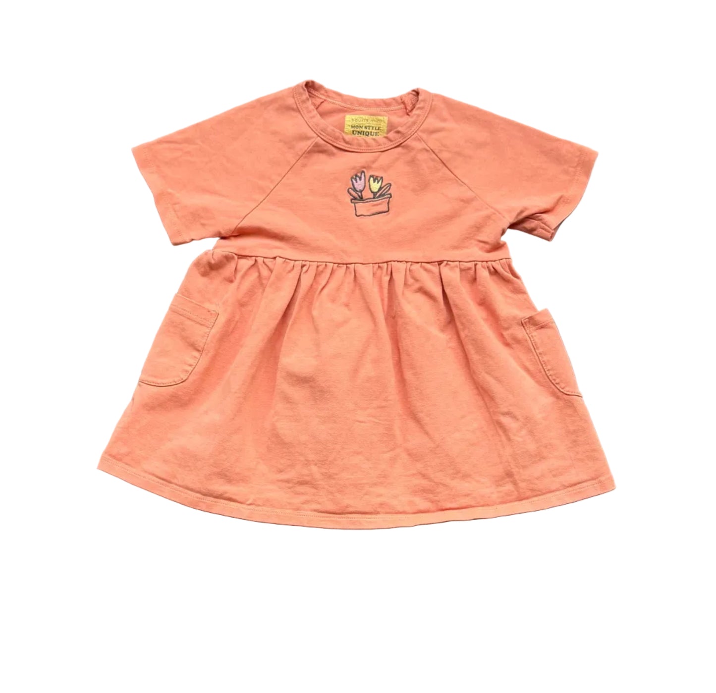 Robe bébé orange rosé à manches courtes, imprimé fleur, jupe évasée froncée