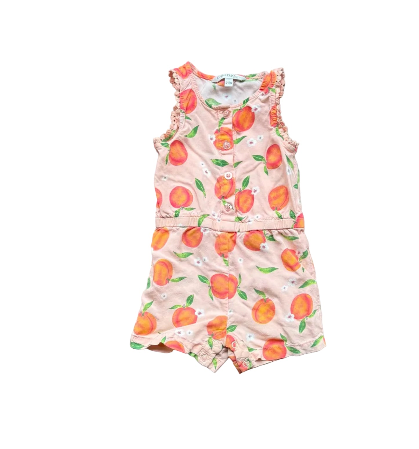 Combishort bébé George 12-18 mois pêche, imprimé pêches, manches courtes, boutons