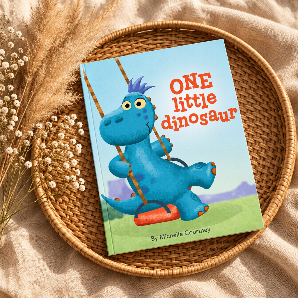 Livre pour enfants One Little Dinosaur, couverture bleue avec dinosaure vert.