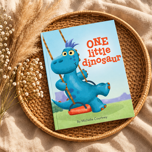 Livre pour enfants One Little Dinosaur, couverture bleue avec dinosaure vert.