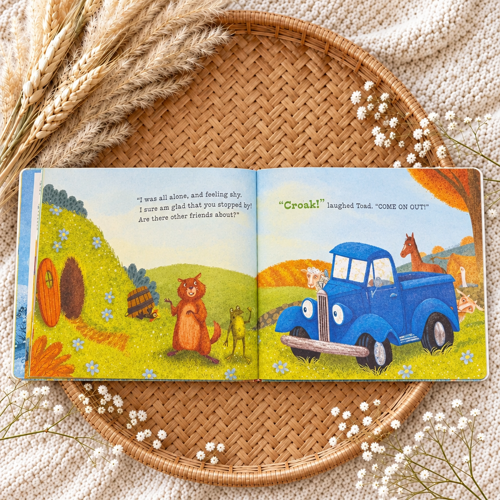 Livre illustré ouvert : camion bleu et animaux, pages colorées.
