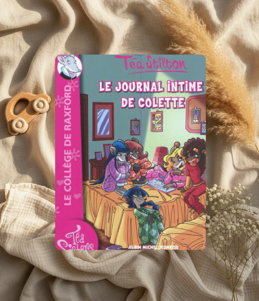 Livre jeunesse «Le journal intime de Colette», couverture rose avec personnages illustrés.