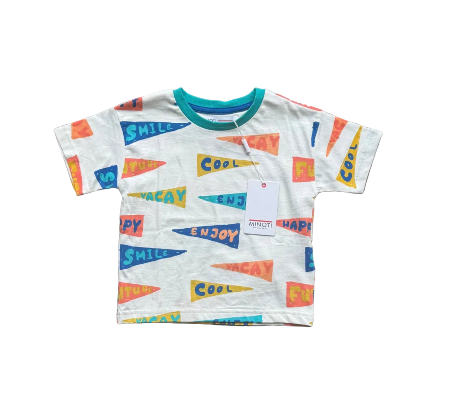 T-shirt enfant Minoti blanc à col turquoise, imprimé coloré style géométrique