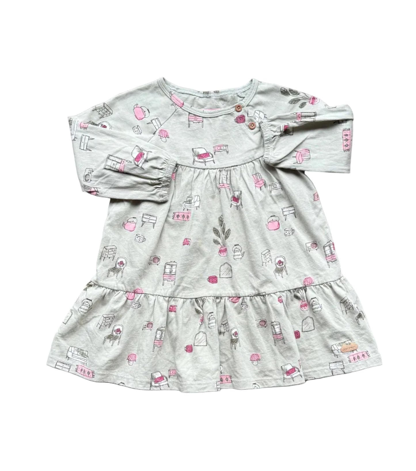 Robe bébé grise à manches longues, imprimé motifs roses, volants au bas