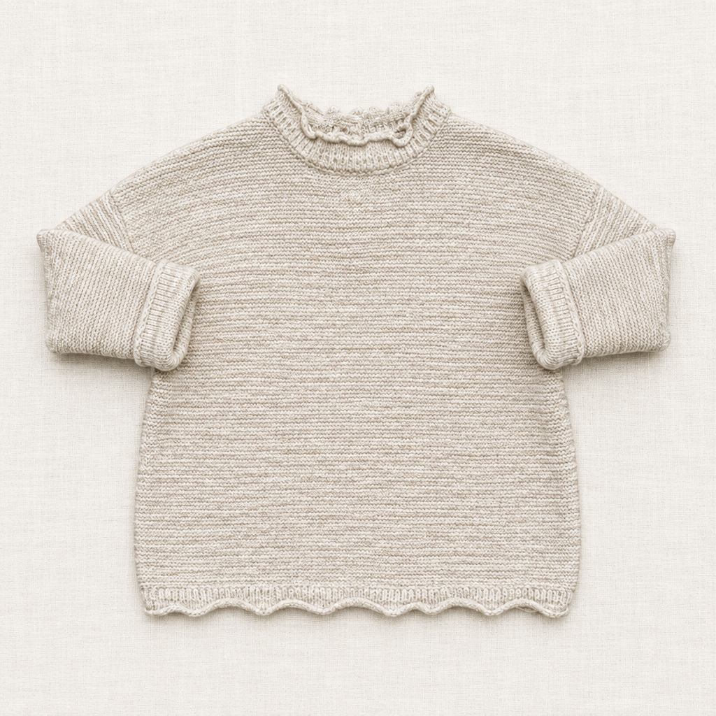 Chandail bébé en maille beige à col rond côtelé et manches longues