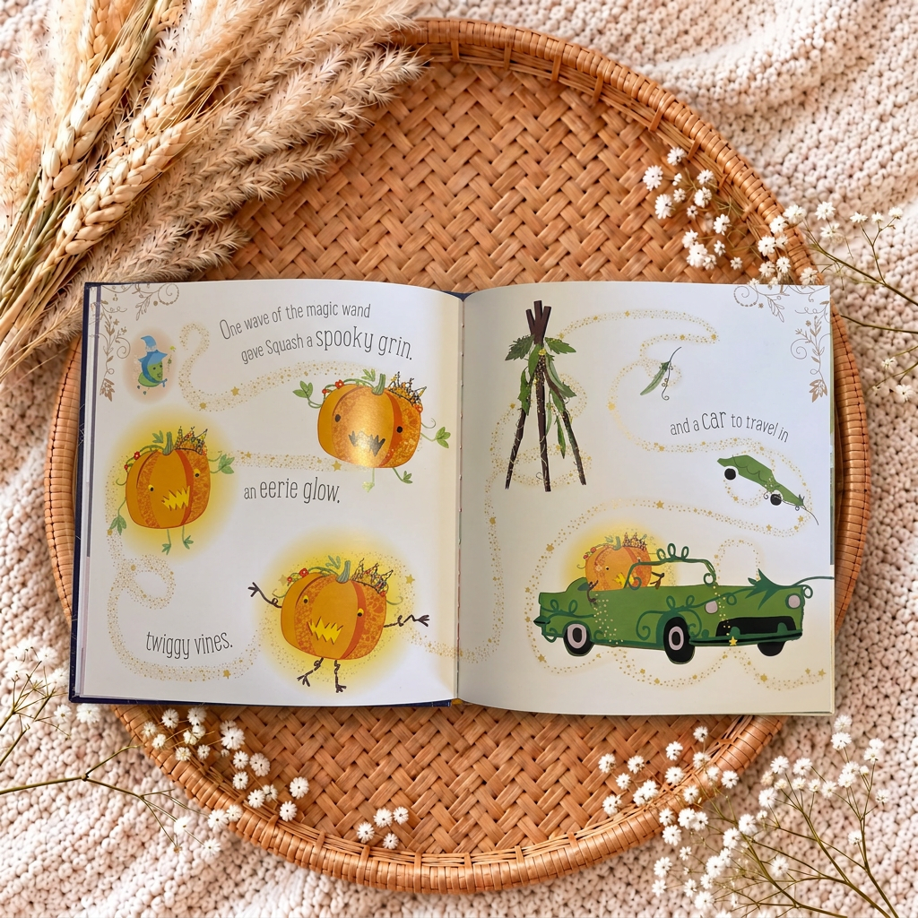 Livre relié ouvert avec illustrations de personnages et d’un véhicule sur les pages