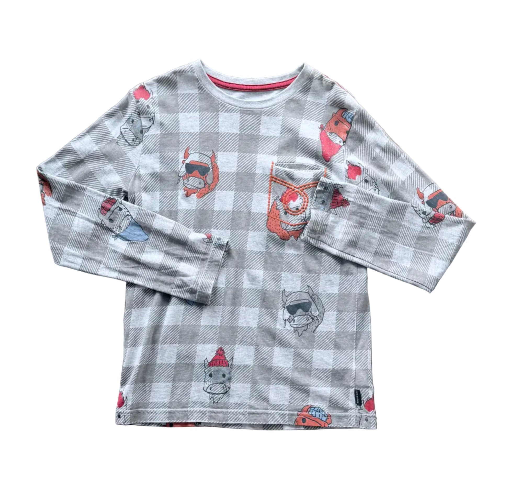 Chandail enfant 8 ans à manches longues gris à carreaux, encolure côtelée rouge, motifs animaux