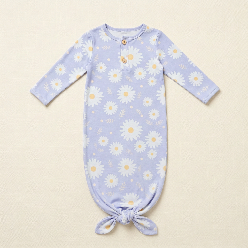 Gigoteuse bébé 0-3 mois en jersey bleu clair, manches longues, marguerites, boutons, nœud au bas
