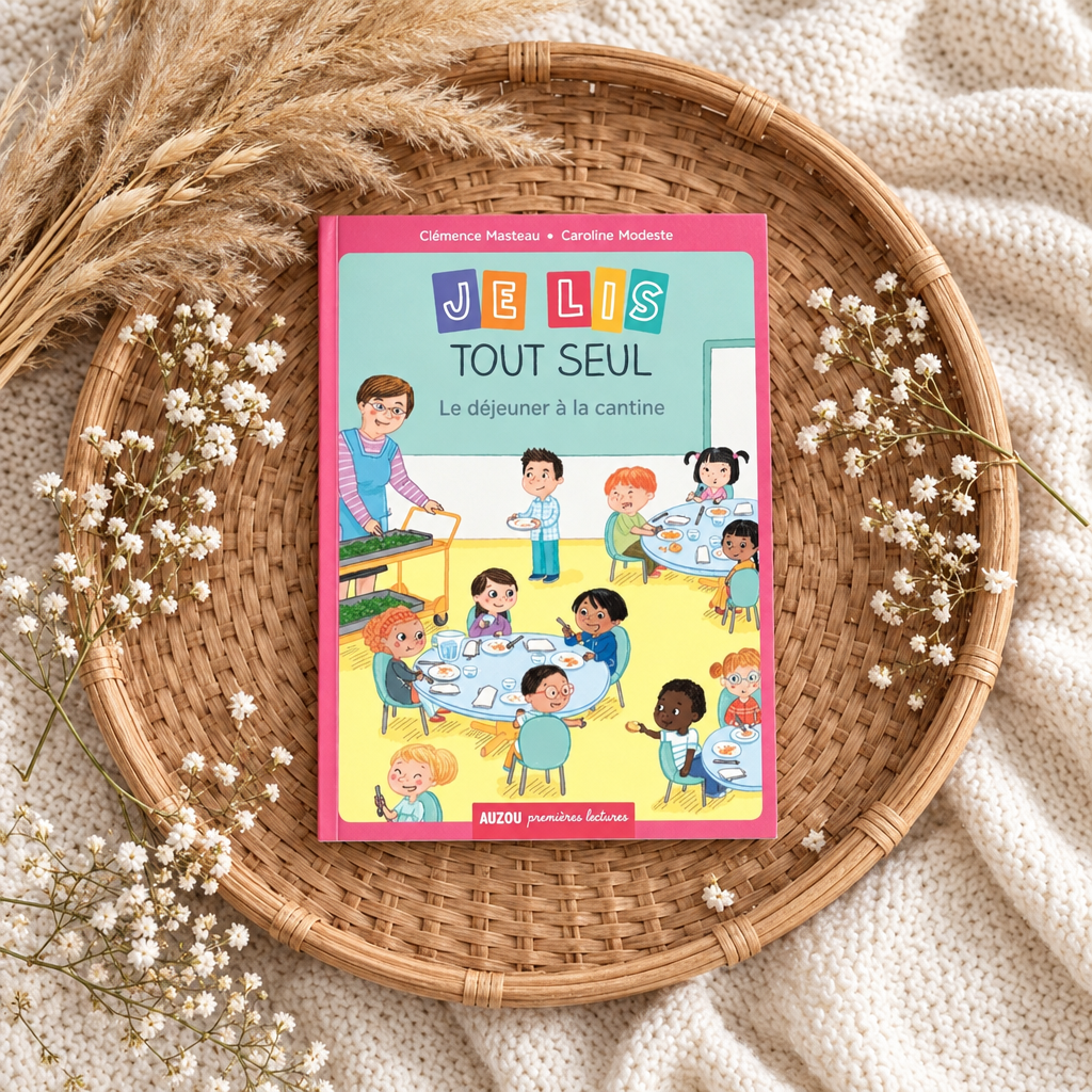 Livre jeunesse à couverture rose « Je lis tout seul », « Le déjeuner à la cantine »
