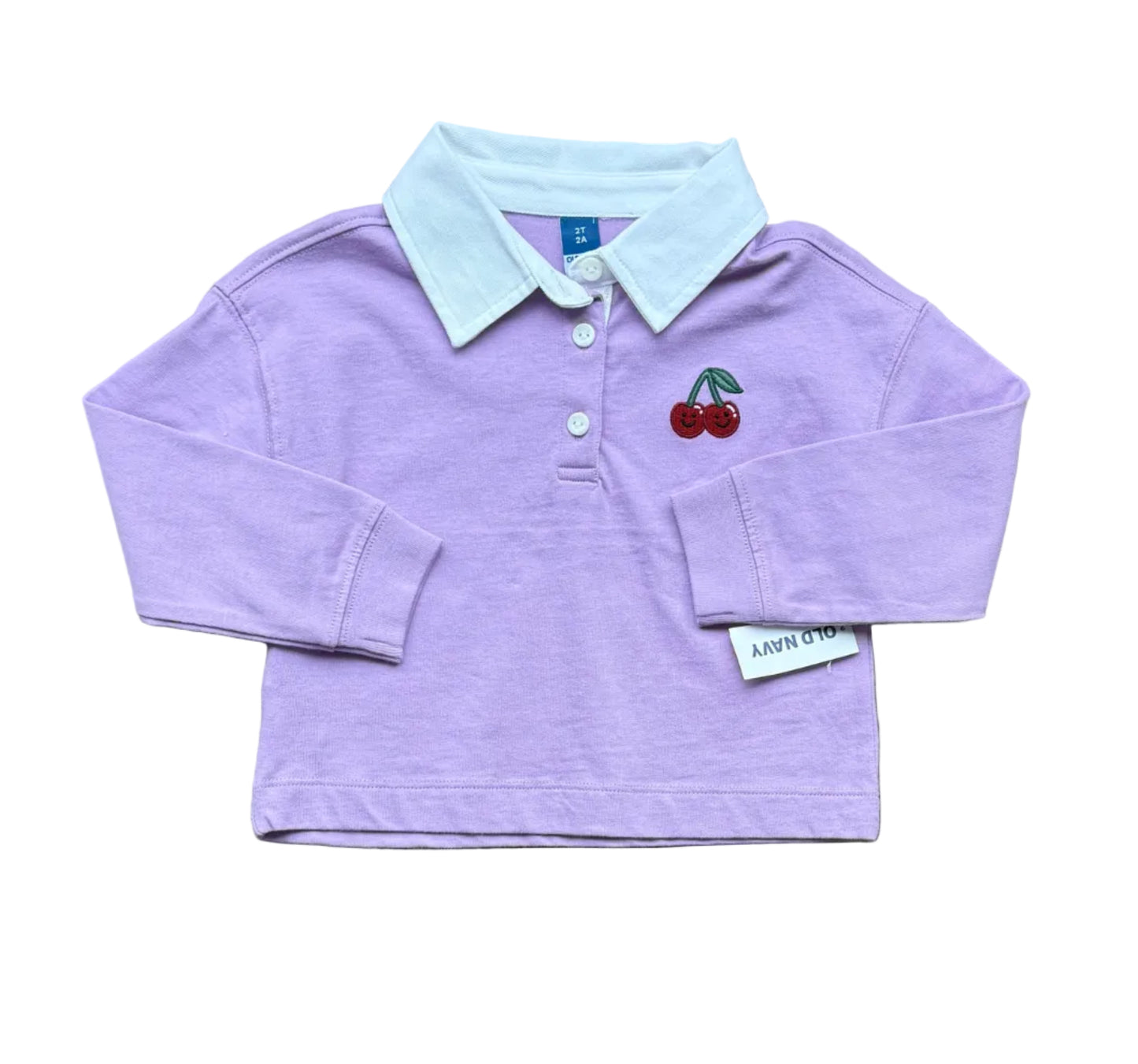 Polo bébé 2 ans lilas, col bleu clair, patte boutonnée et cerises brodées