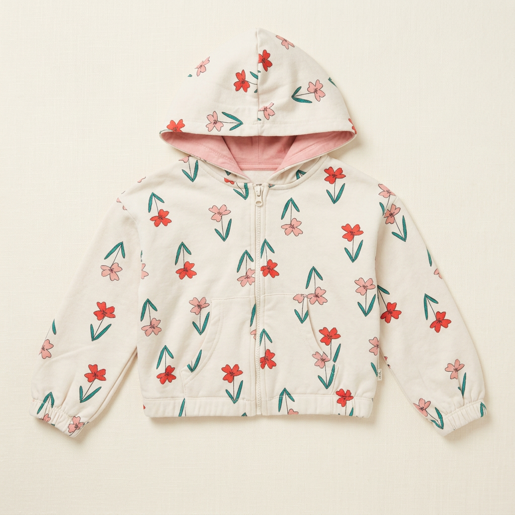 Veste à capuche 4 ans en tissu blanc à fleurs rouges et roses, fermeture zippée.