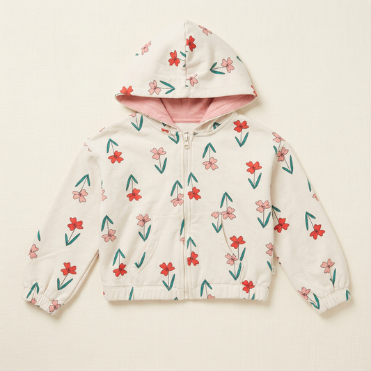 Veste à capuche 4 ans en tissu blanc à fleurs rouges et roses, fermeture zippée.