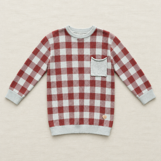 Tunique bébé à carreaux rouge et blanc, manches longues, encolure ronde, poche poitrine