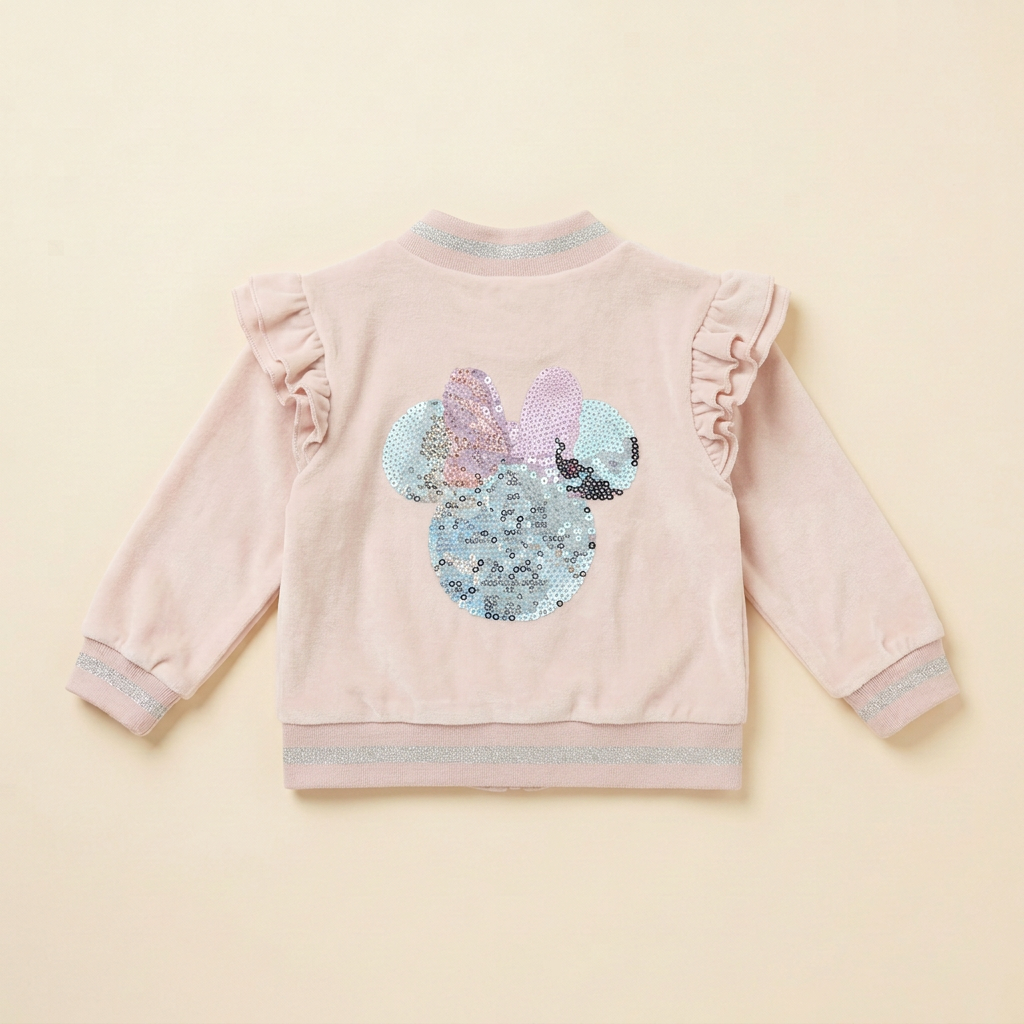 Veste bébé rose crème avec Minnie pailleté au dos et manches volantées