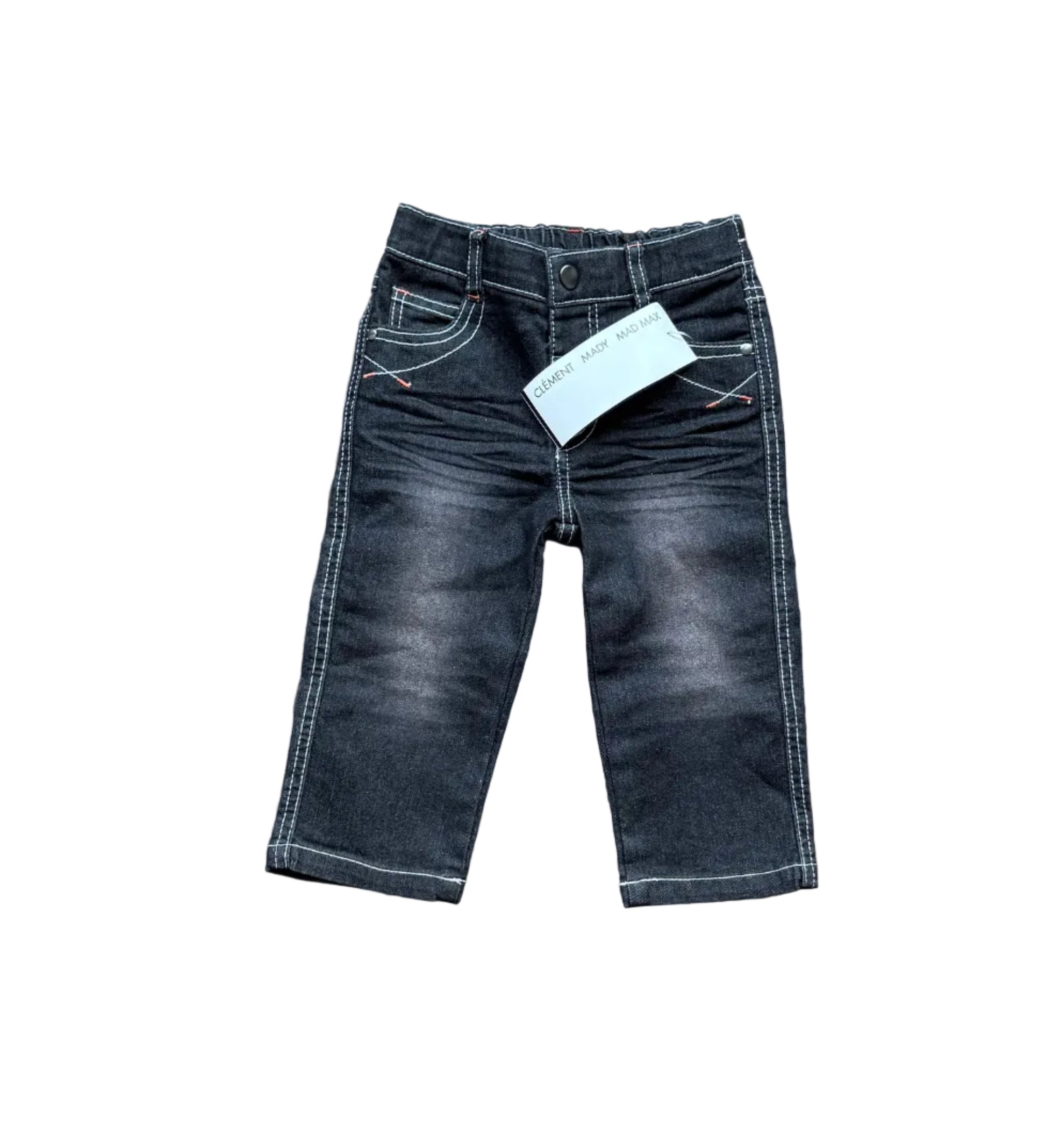 Jean enfant anthracite 12 mois, poches devant et fermeture boutonnée, coutures visibles