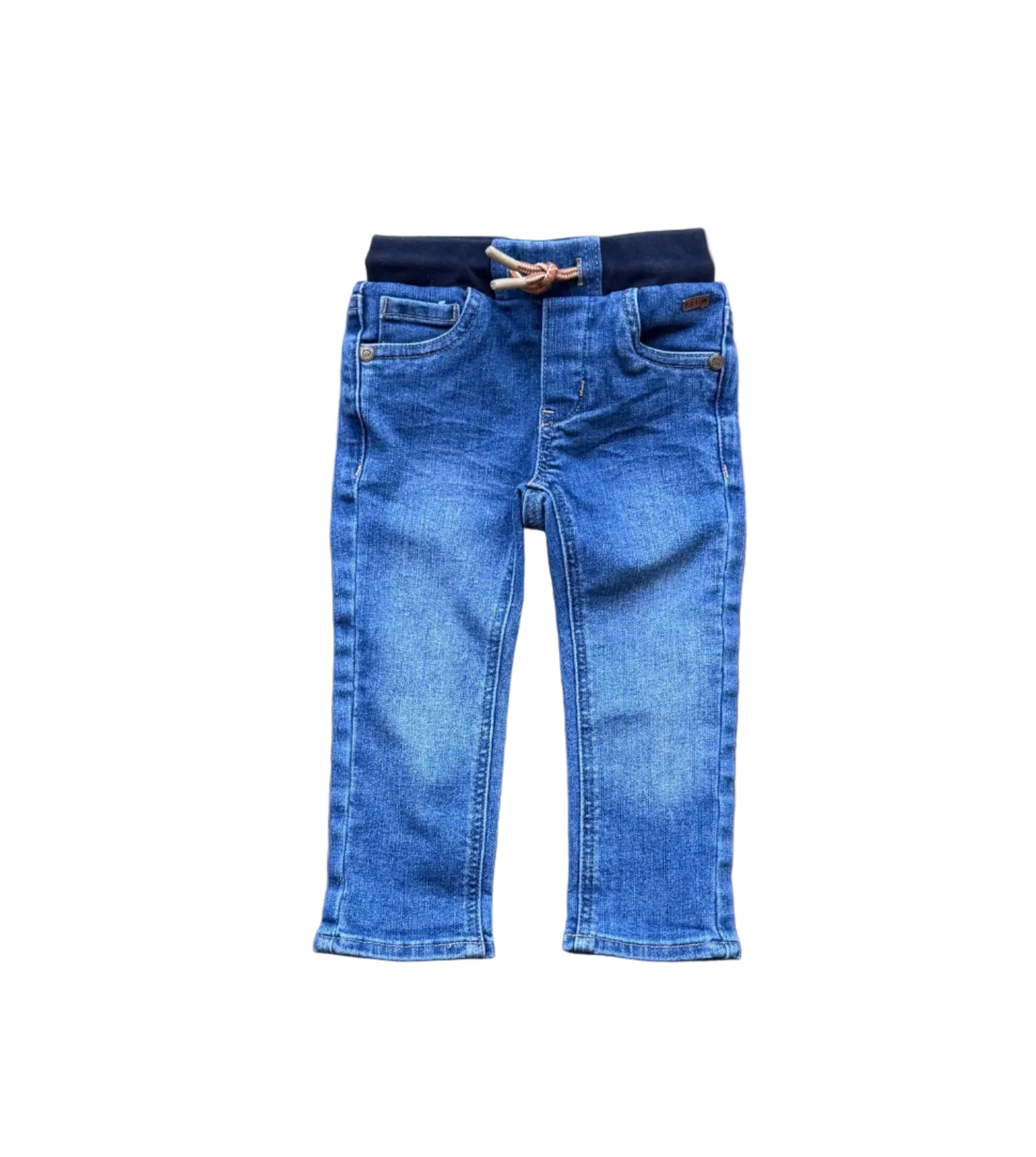 Jeans bébé bleu 18 mois, taille élastique et lien, poches devant