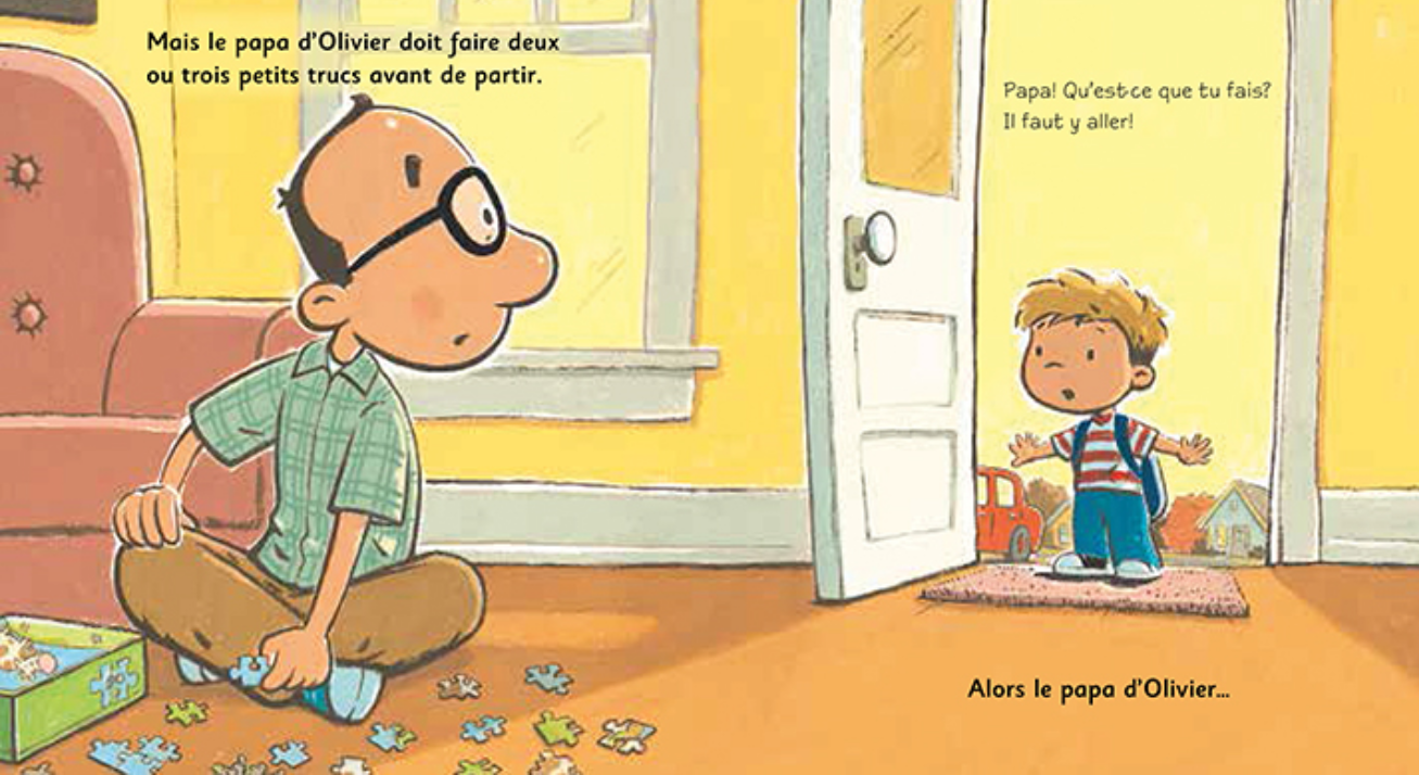 Livre La rentrée de papa : scène papa en vert près d’une porte, enfant debout