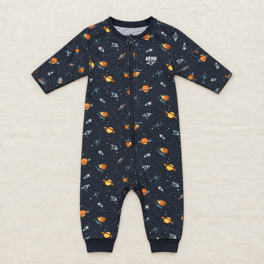 Pyjama bébé 12 mois en coton bleu nuit à motifs planètes et fusées, fermeture zippée