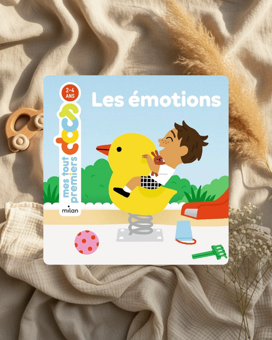 Livre illustré sur les émotions : couverture bleue avec dessins d’enfants et d’un oiseau.
