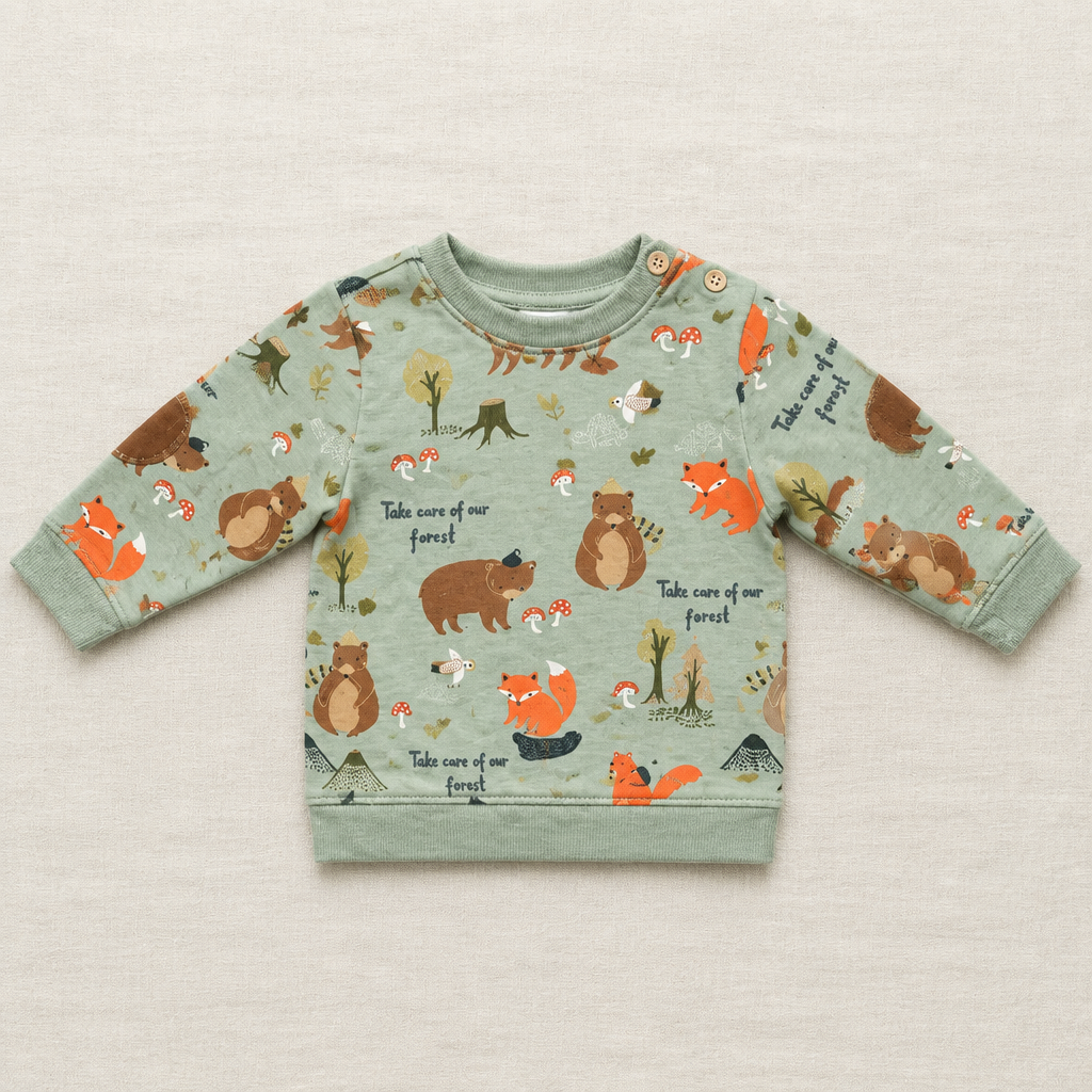 Chandail H&M bébé 6-9 mois vert menthe, col rond, imprimé animaux, manches longues.