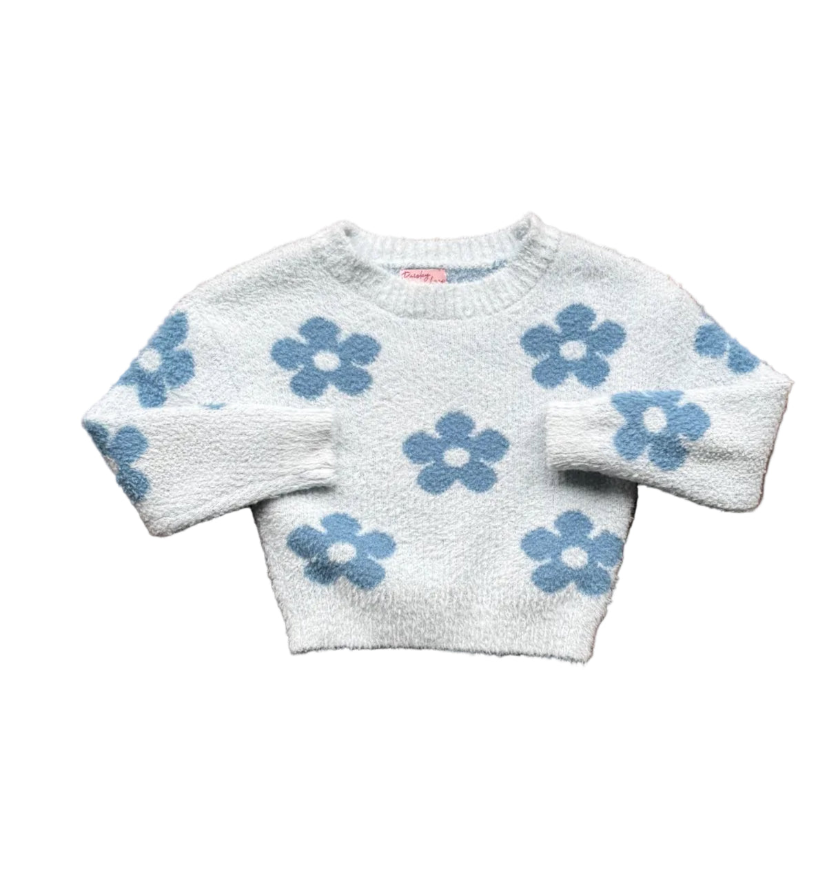 Chandail enfant 7 ans gris clair, fleurs bleues sur pull à col rond manches longues