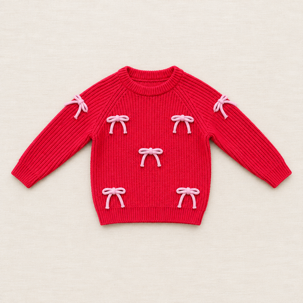 Pull tricot rouge Old Navy 2 ans, col rond côtelé et nœuds décoratifs blancs