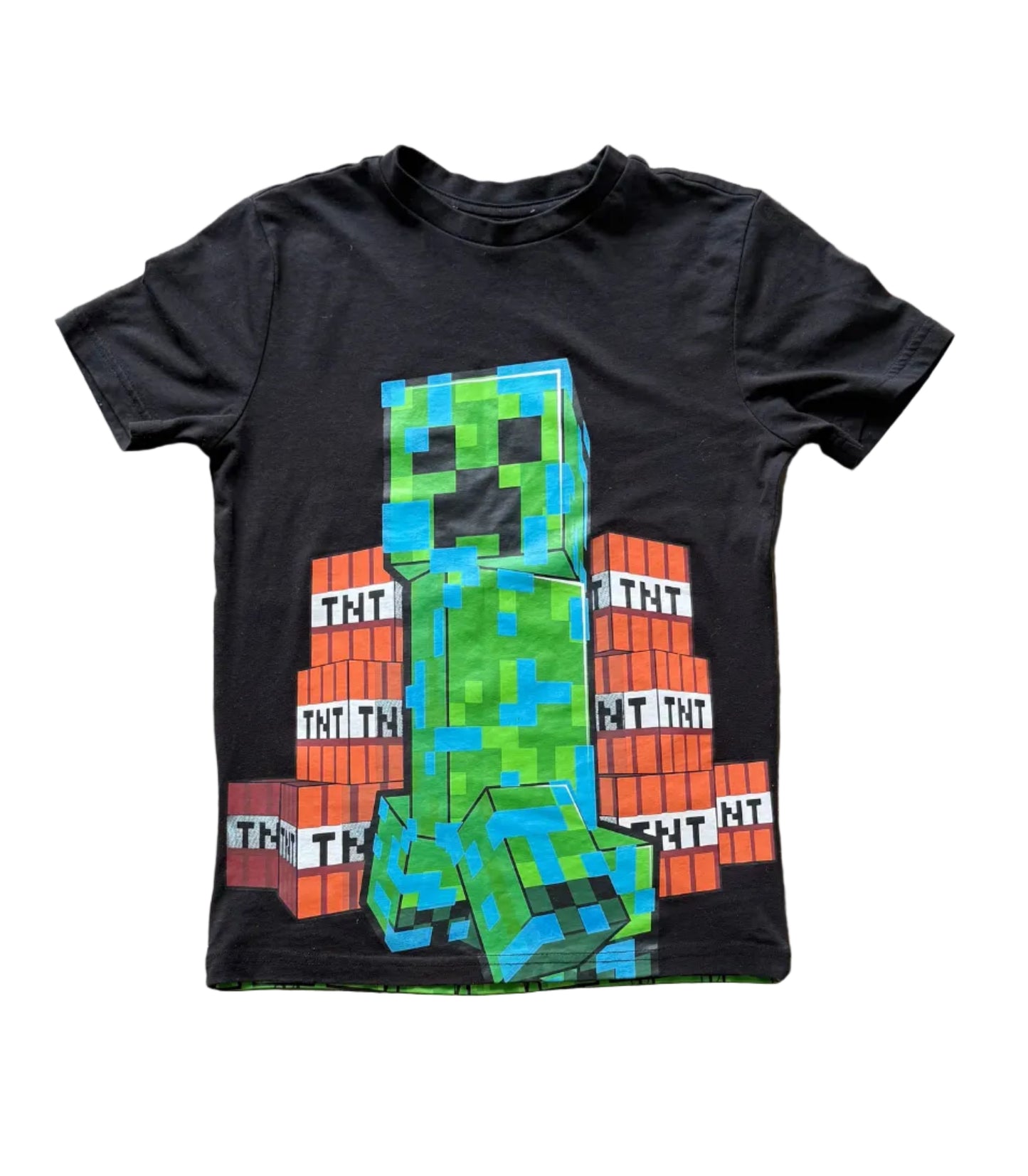 T-shirt noir 7-8 ans Minecraft, Creeper vert et blocs TNT sur le devant.