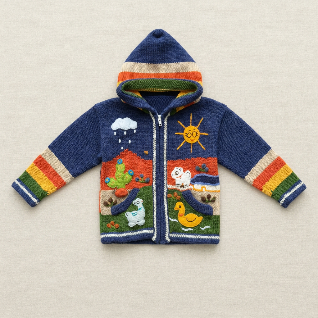 Veste à capuche bébé en tricot bleu nuit, fermeture éclair, motifs d’animaux colorés