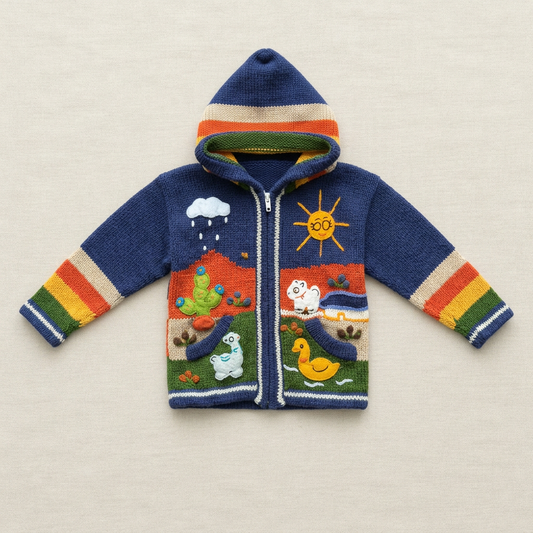Veste à capuche bébé en tricot bleu nuit, fermeture éclair, motifs d’animaux colorés
