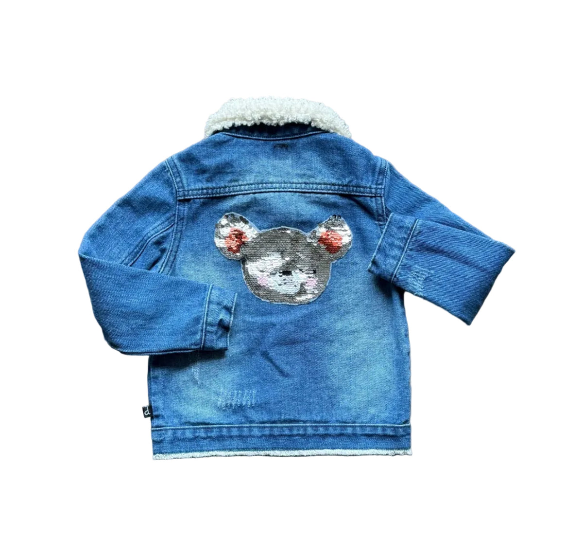 Veste en jean bleue enfant 3 ans avec col en fausse fourrure et applique souris dos