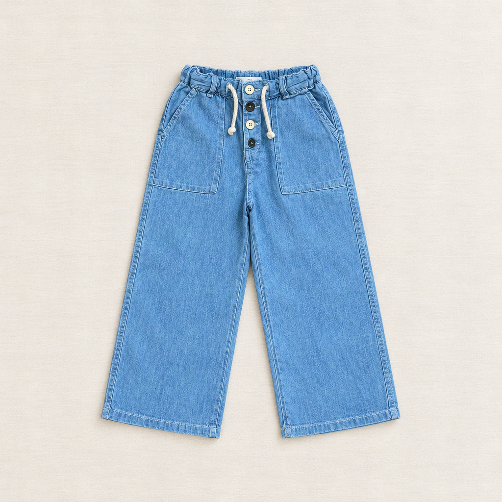 Jean enfant en denim bleu clair, taille élastique et cordon, 7 ans