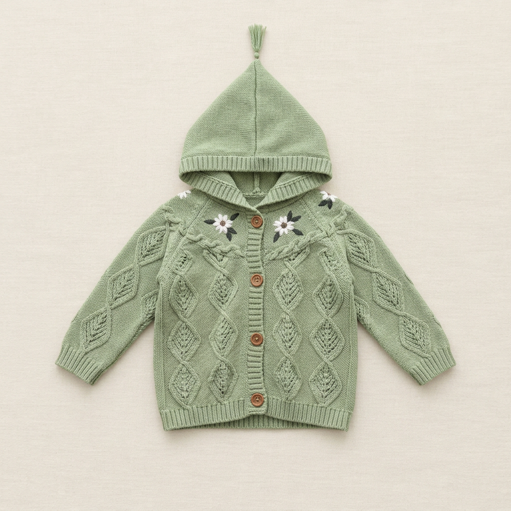 Cardigan pour bébé vert sauge à capuche en maille torsadée, boutons, motifs floraux
