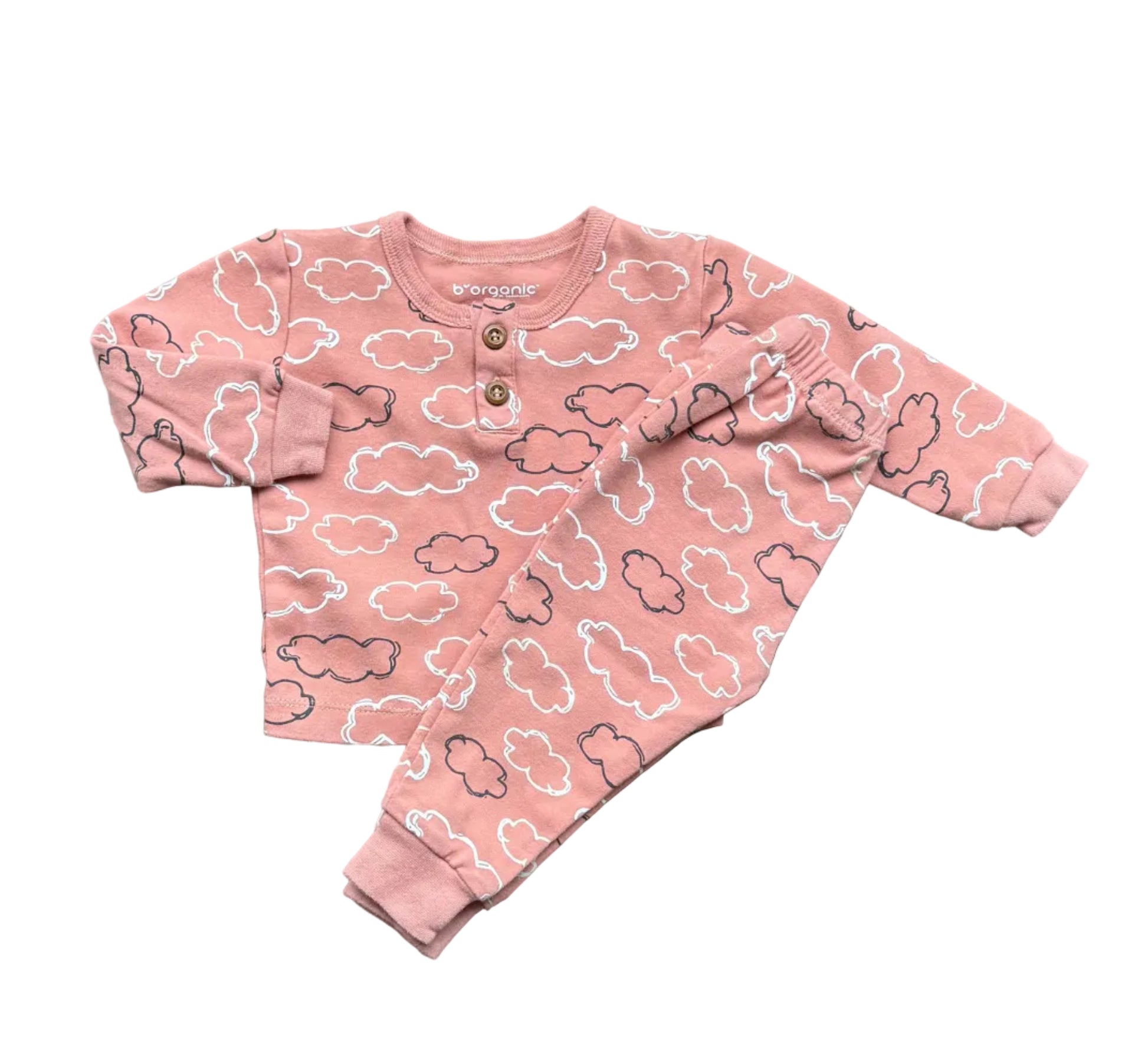 Ensemble pyjama bébé bio B Organic 9 mois vieux rose, manches longues à motifs nuages