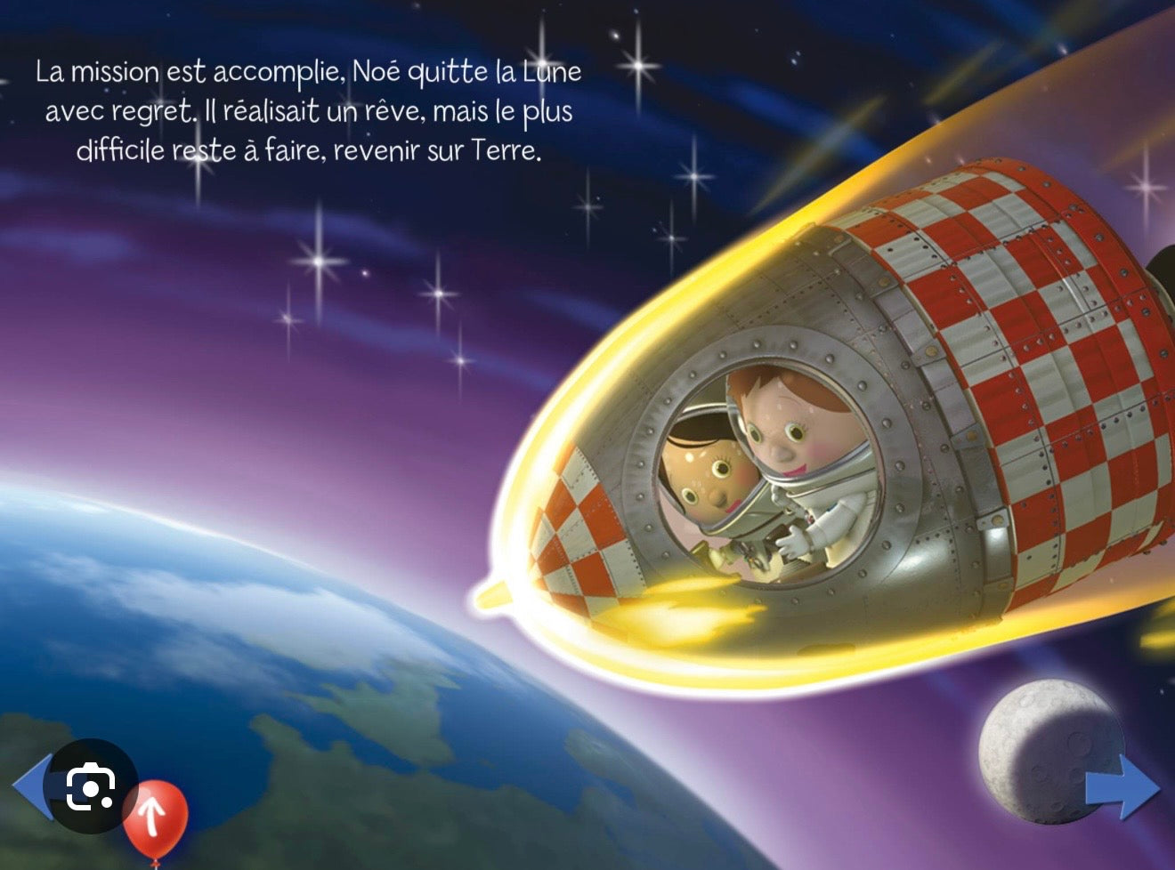 Page de livre illustrée: fusée orange dans l’espace, texte en français en haut