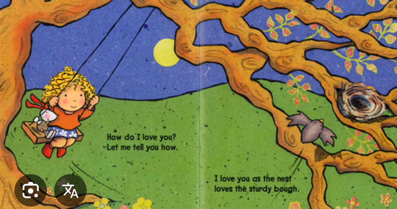 Page ouverte : enfant lisant sous un arbre, texte «How do I love you?» en anglais.