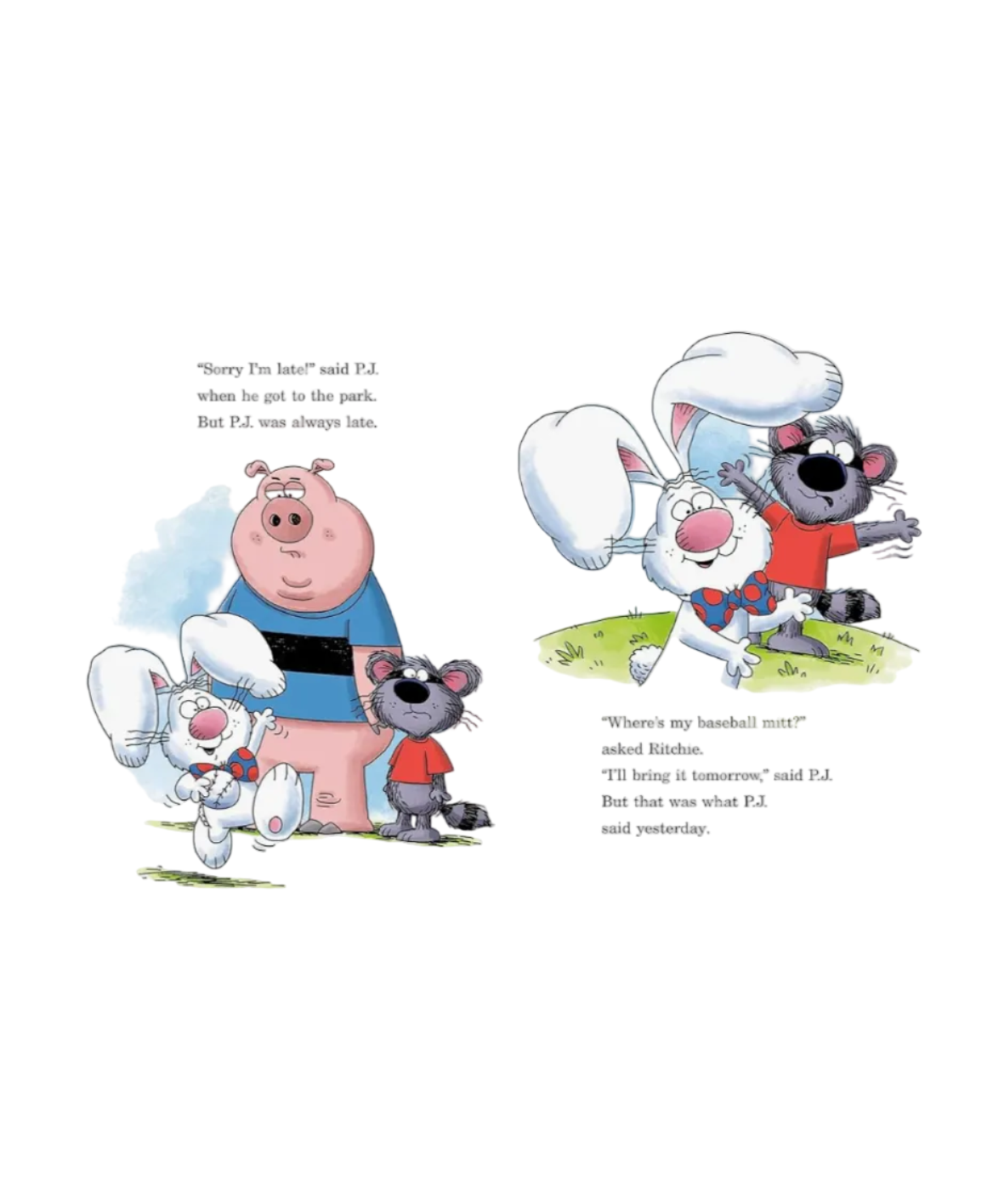 Page illustrée : lapin blanc, cochon et souris au parc, texte en anglais.