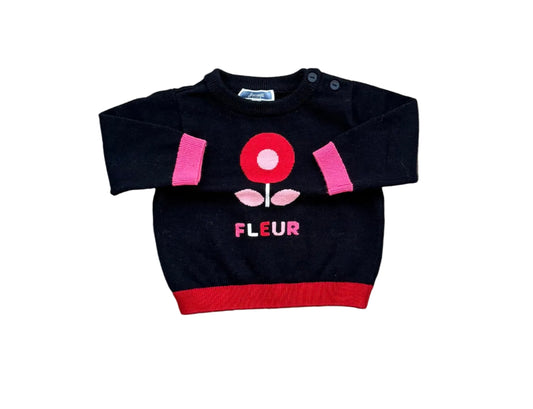 Pull bébé 6 mois noir avec motif floral rose et rouge, encolure ronde boutonnée