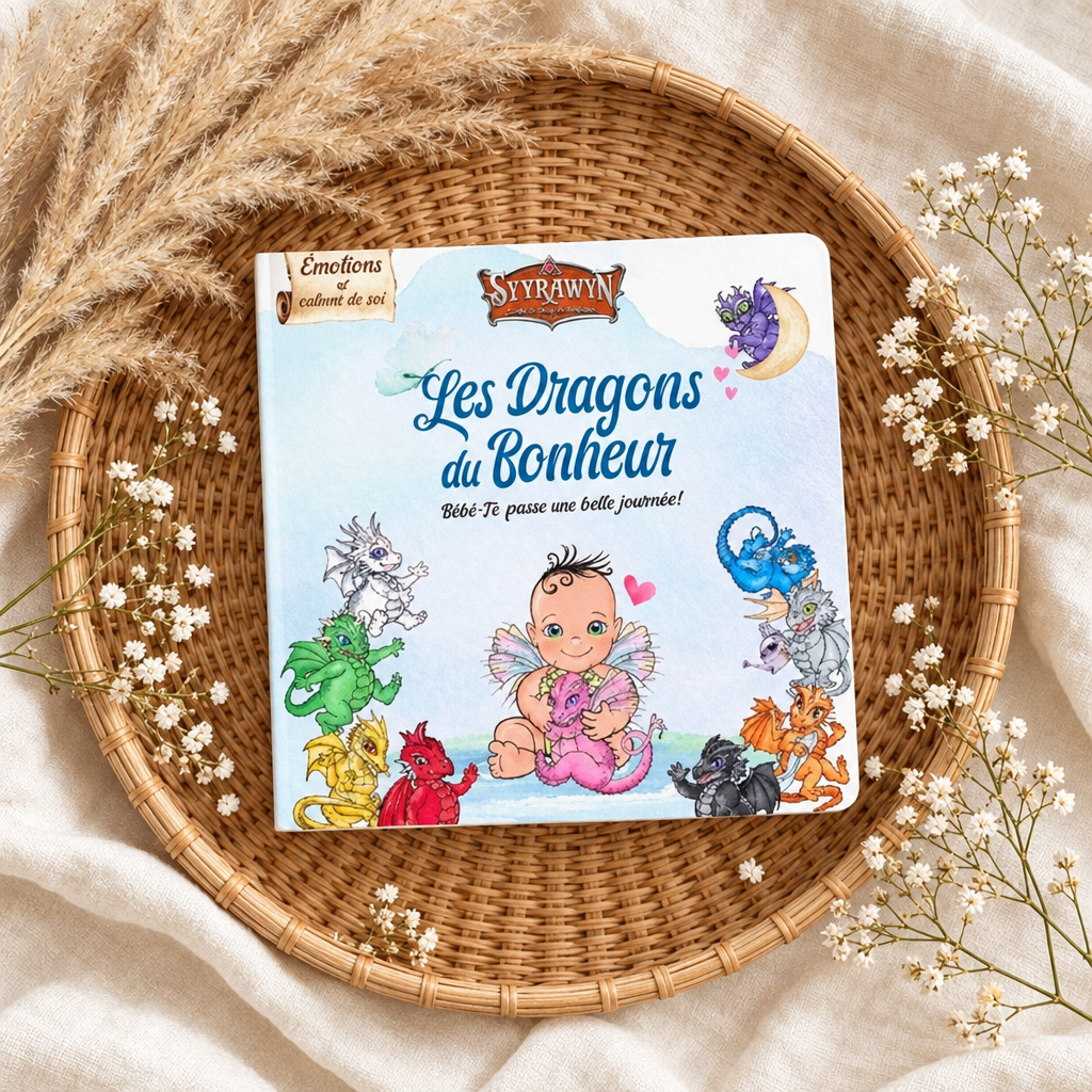Livre pour enfants Les Dragons du Bonheur, couverture avec bébé et dragons illustrés