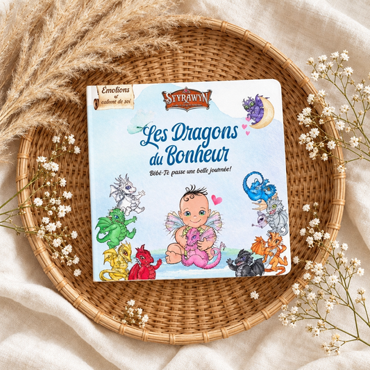 Livre pour enfants Les Dragons du Bonheur, couverture avec bébé et dragons illustrés