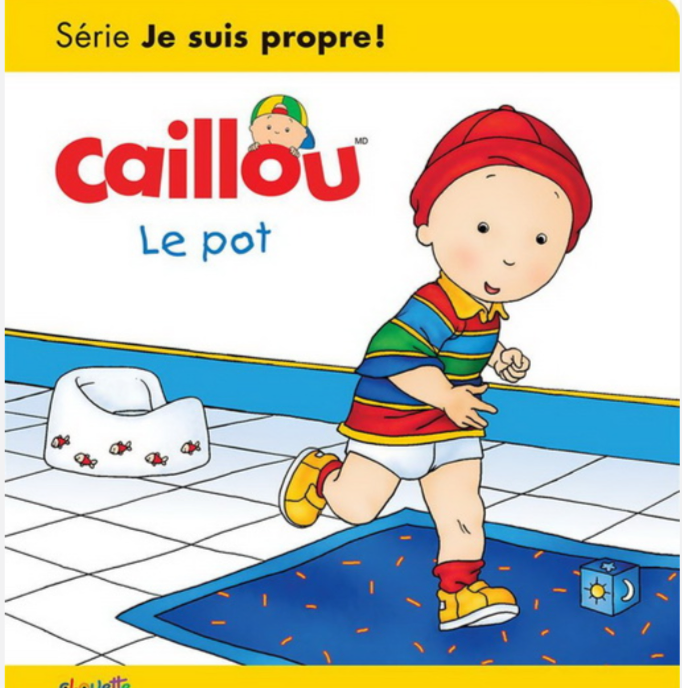 Couverture du livre Caillou « le pot » : Caillou sur un tapis bleu, bonnet rouge.