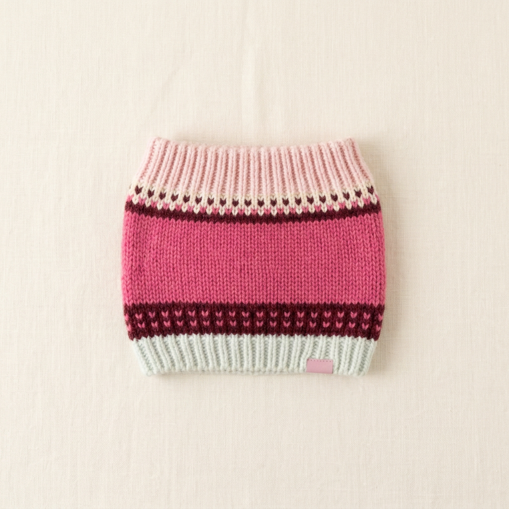 Bonnet enfant en tricot rose à rayures bordeaux, crème et bordure vert clair.
