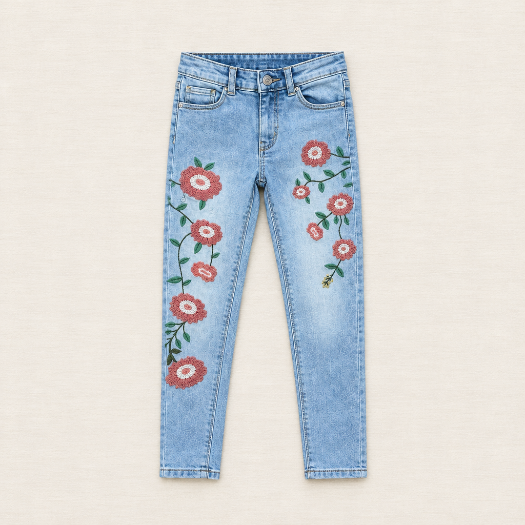 Jean Zara bleu glacier 7 ans, denim clair avec fleurs rouges et vertes sur le devant