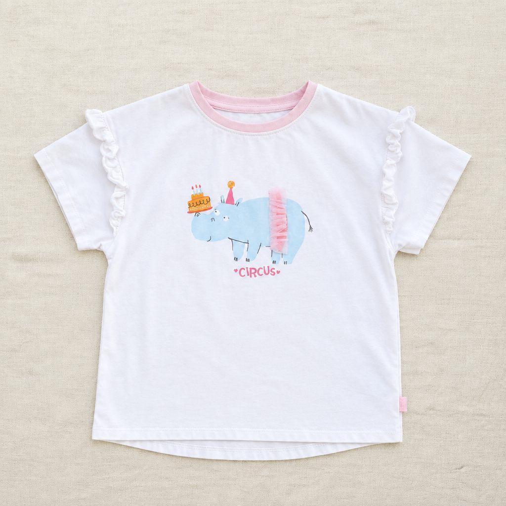 T-shirt enfant blanc, encolure et manches à volants roses, illustration cirque