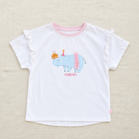 T-shirt enfant blanc, encolure et manches à volants roses, illustration cirque
