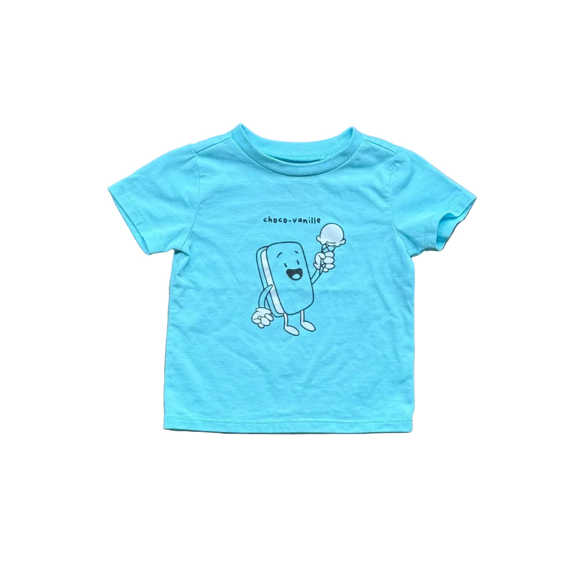 T-shirt bébé 9 mois bleu azure à manches courtes, encolure ronde, motif devant