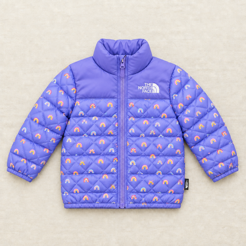 Manteau matelassé violet bébé, fermeture zippée, motif arcs-en-ciel, logo The North Face