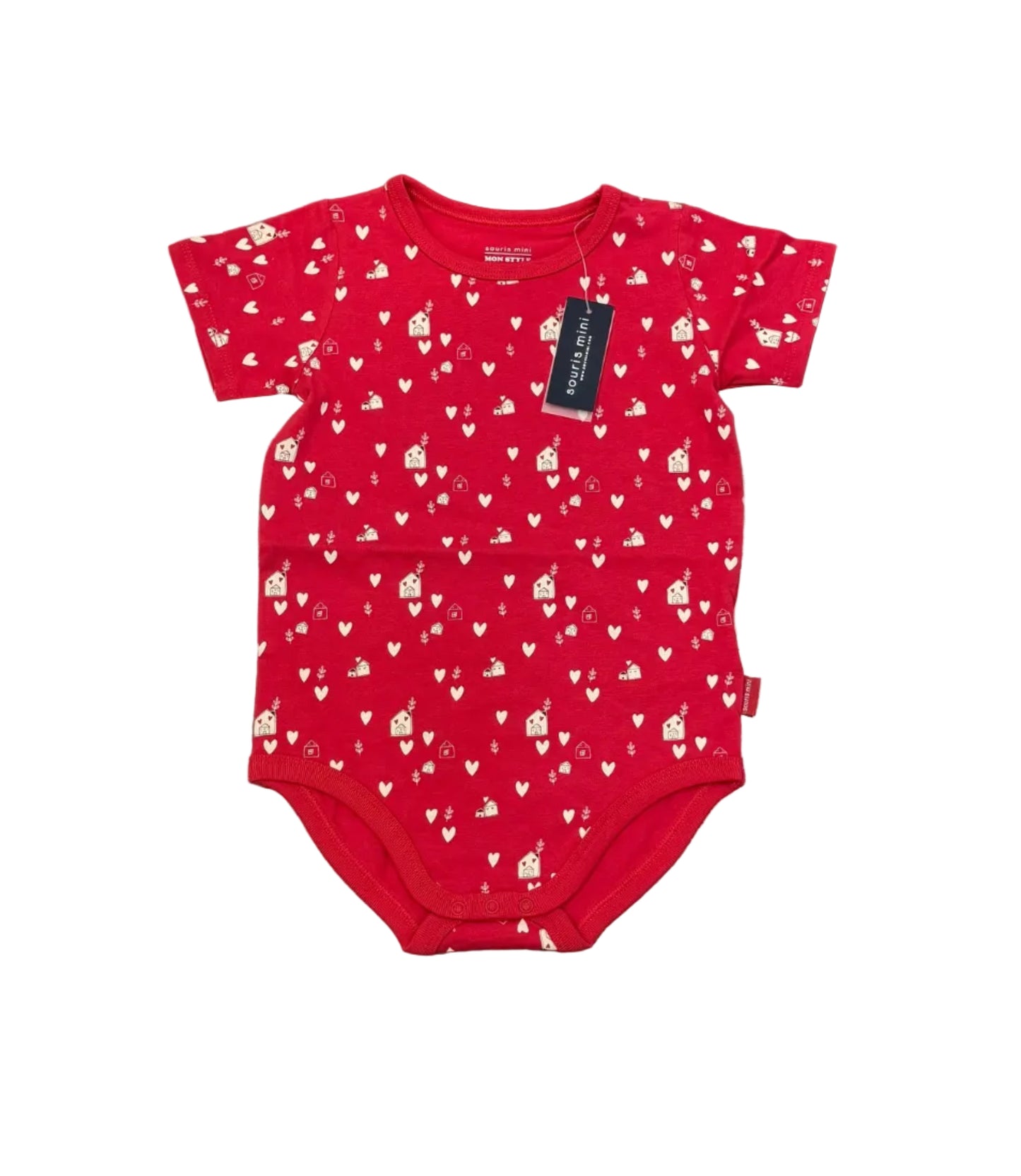 Body rouge Souris Mini 2-3 ans à manches courtes, motifs cœurs